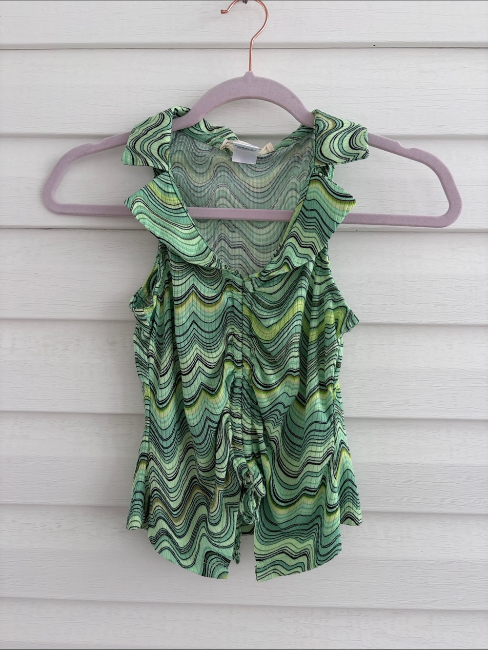 No Comment NY.LA Green Abstract Y2K Psychedelic Ruched Sleeveless Tie Front Top